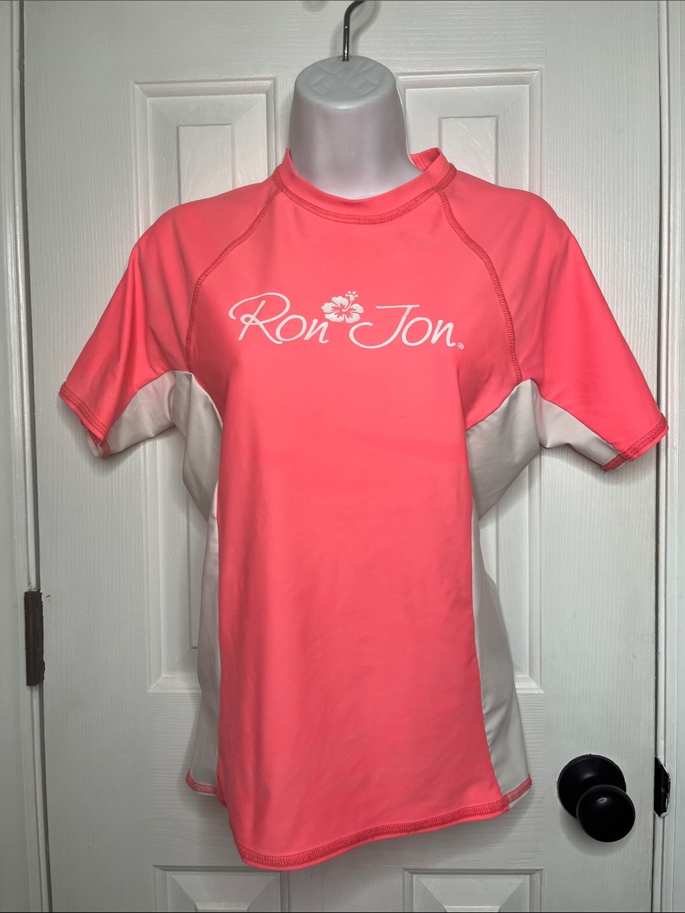 Ron Jon Neon Coral and White Short Sleeve Rash Guard Size Large